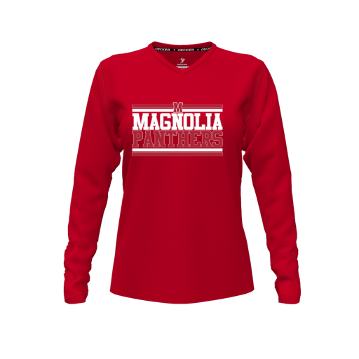 [CUS-DFW-TEES-CMF-VNK-LSL-RED-FYXS-LOGO3] Decker Comfort T-Shirt (Female Youth XS, Red, V Neck, Logo 3, Long Sleeve)